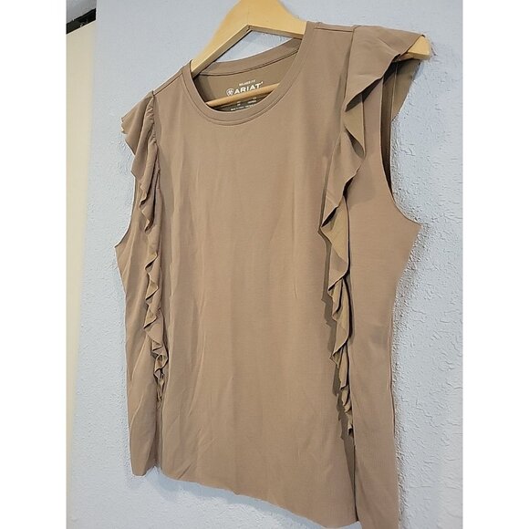 ARIAT Women's‎ S Relaxed Fit Washed Jersey Tank Petrified Oak Ruffle Raw Hem - Picture 3 of 5